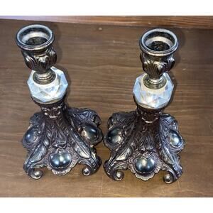 Vintage B M Company Brass 1052 With Glass Center Piece Set Of 2